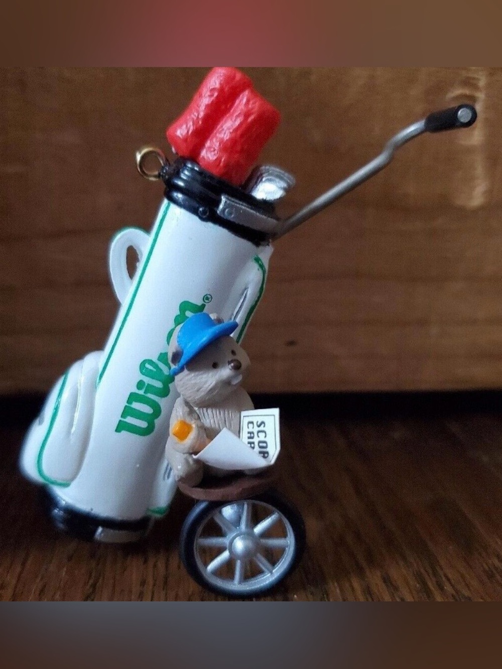 1995 Golpher Fun Hallmark Ornament White and Blue Bear Golf Cart Toy fun club